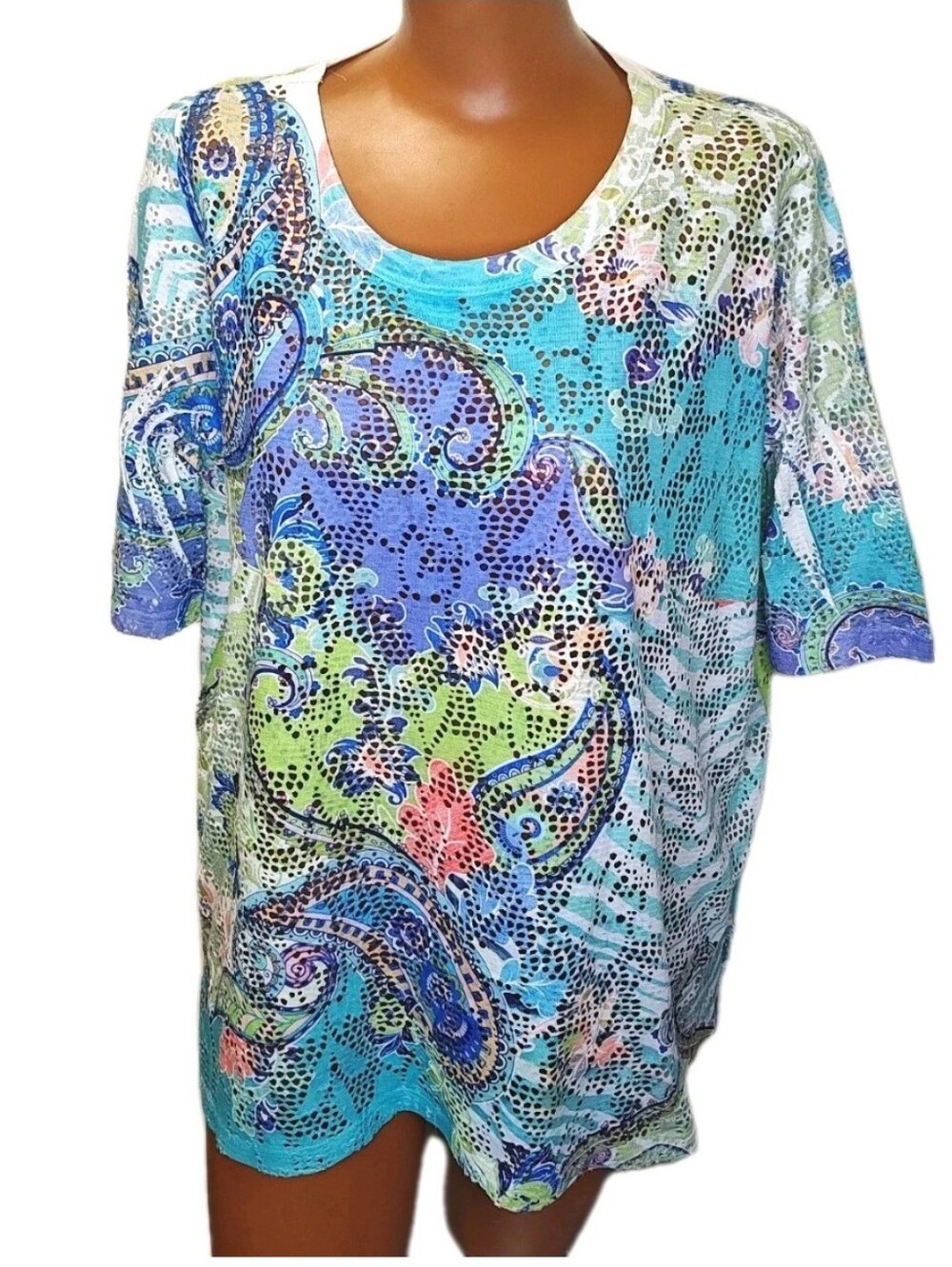 Jess Jane Perforated Tee Oversized L Tropical Paisley Floral Sheer T-shirt Beach